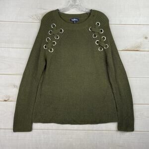 Freshman 1996 Sweater Womens Medium Green Silver Grommets Laced Cable Knit